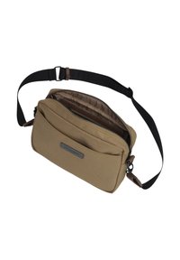 Borsa a tracolla in tessuto color beige con scomparto principale con zip, tasca frontale, dettagli marroni e tracolla nera regolabile. Texture liscia.