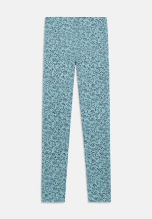 Lys blå leggings med et heldekkende mørkt blomsterlinjemønster, tettsittende stil og rette ben, vist på en ensfarget bakgrunn.