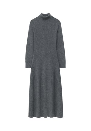 Dunkelgraues langärmliges Strickkleid mit Rollkragen und schwingendem Rock, mit geripptem Muster am unteren Saum.