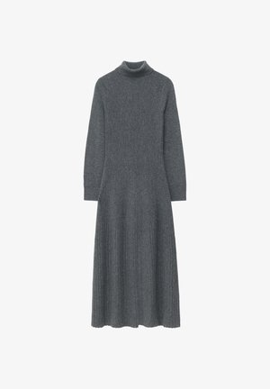 Dunkelgraues langärmliges Strickkleid mit Rollkragen und schwingendem Rock, mit geripptem Muster am unteren Saum.