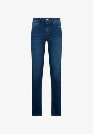 Jeans in denim blu scuro con design a gamba dritta, dotati di cinque tasche e chiusura con bottone metallico in vita. Texture liscia.