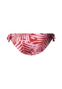 Red and pink leaf-patterned bikini bottom with side ties, made from stretchy fabric. Features a smooth texture and contoured shape.