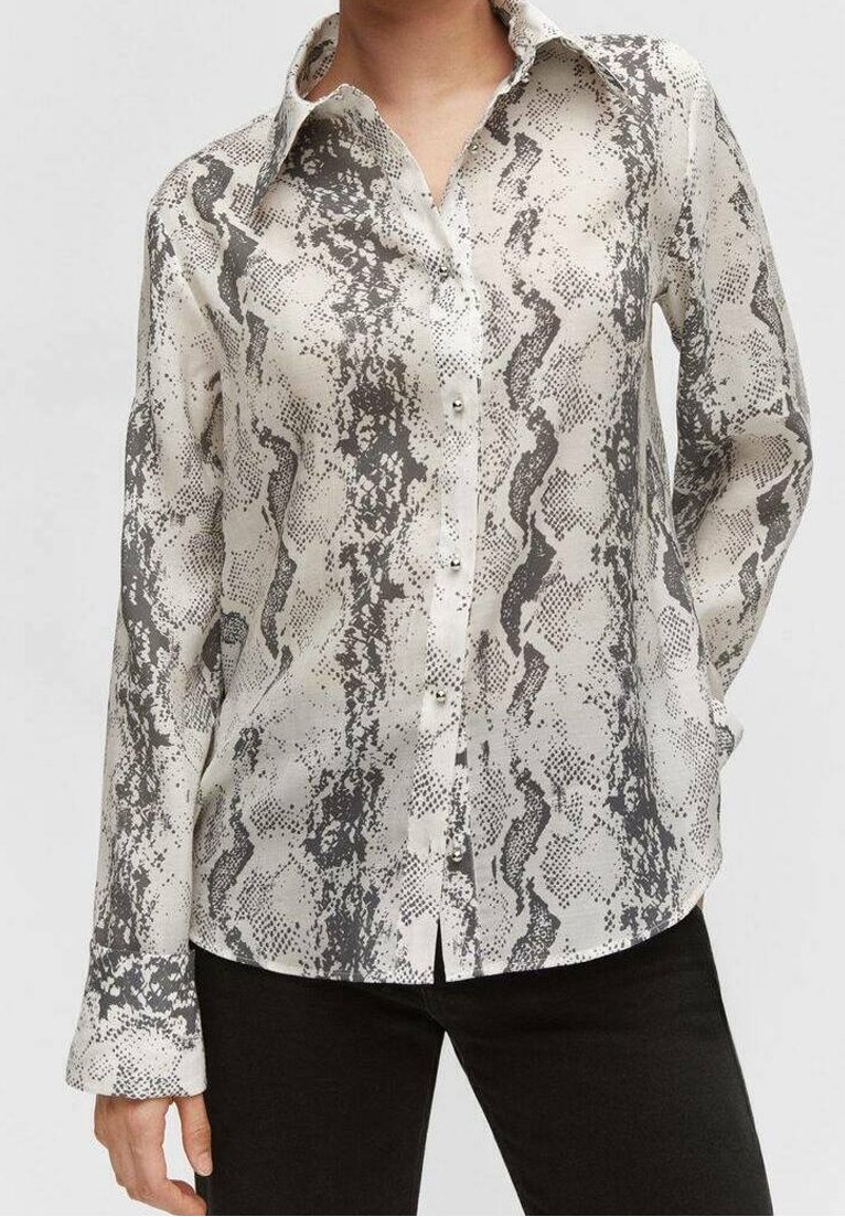Hemd mit Knopfleiste in Schlangenmuster, das eine Mischung aus Grau- und Weißtönen zeigt. Hergestellt aus leichtem Stoff mit Kragen und langen Ärmeln.