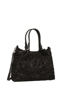 Zwarte leren handtas met een gegraveerd rozenpatroon, dubbele handvatten en een afneembare schouderriem. Heeft glanzende zilveren hardwareaccenten.