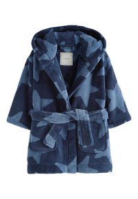 Mørkeblå fleecemorgenkåbe med stjernemønster i forskellige nuancer af blå, med hætte, bælte og sidelommer. Blød tekstur.