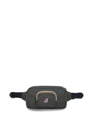 Marsupio compatto verde scuro con cinghie nere regolabili, tasca frontale con zip e logo K-Way sulla tasca frontale.