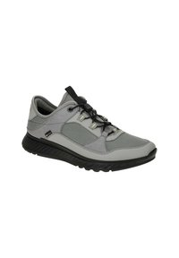 Gray athletic shoe with a textured mesh upper, rubber sole, and black laces. Features reflective accents and a low-profile design.