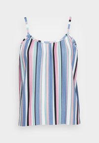 Top sans manches avec des bretelles, à rayures verticales rose, bleues et noires. Tissu léger avec une coupe décontractée et un décolleté rond.