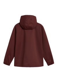 Maroon hooded jacket featuring elastic cuffs and a simple design. The fabric appears smooth with a matte finish and no visible patterns or accents.