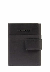 Portafoglio in pelle nera con chiusura a bottone automatico e logo Piquadro impresso sul fronte.