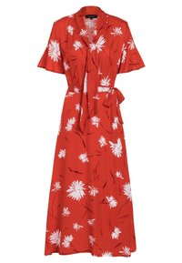 Robe rouge à manches courtes, motif floral blanc, ceinture nouée à la taille, longueur au genou, tissu doux, encolure ronde et ourlet évasé.