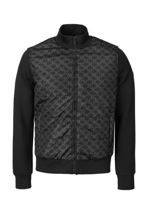 Zwarte jas met ritssluiting, voorzien van een doorgestikt voorpaneel met een subtiel geometrisch patroon, gladde lange mouwen en geribbelde boorden aan de manchetten en zoom.