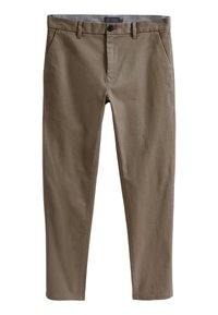 Khaki cotton trousers with a straight cut, featuring a button closure, front pockets, and a fabric waistband lining. Smooth texture.