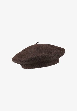 Brown wool beret with a soft texture, round shape, and small top tab. Design has a smooth, slightly slouched silhouette.