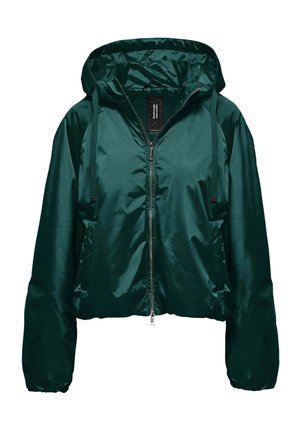 Ciemnozielona, błyszcząca puchowa kurtka z kapturem, zapinana z przodu na zamek, z regulowanym sznurkiem przy kapturze i bocznymi kieszeniami, prezentowana na białym tle.