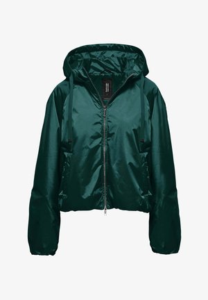 Dark green shiny hooded puffer jacket with front zipper, drawstring hood, and side pockets, displayed on a white background.