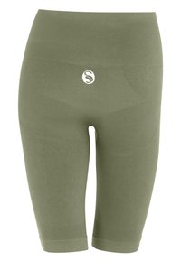 Leggings a vita alta in compressione di colore verde oliva, tessuto testurizzato, forma aderente, con logo sulla parte posteriore e dettagli a coste sulle cuciture.