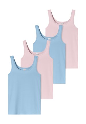 Pięć bezrękawników z bawełny w naprzemiennych pastelowych kolorach niebieskim i różowym, ułożonych na przemian w sposób nakładający się i przesunięty.
