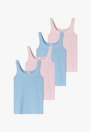 Fünf ärmellose Baumwoll-Tanktops in wechselnden Pastellblau- und Pinktönen, in einer versetzten, überlappenden Anordnung.