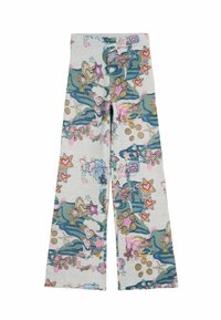 Helle graue ausgestellte Hose mit bunten abstrakten Mustern in Pink, Blau und Gold, versehen mit Sternen, Herzen und Wirbelmustern. Weicher, dehnbarer Stoff.