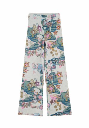Helle graue ausgestellte Hose mit bunten abstrakten Mustern in Pink, Blau und Gold, versehen mit Sternen, Herzen und Wirbelmustern. Weicher, dehnbarer Stoff.