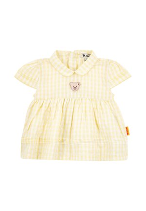 Yellow gingham dress with a collar, short sleeves, and a bear applique on the chest. Features gathered skirt and visible stitching details.