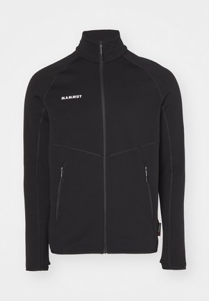 Sort fleecejakke med fuld lynlås og høj krave, to lynlåslommer foran og "MAMMUT"-logo på venstre bryst.
