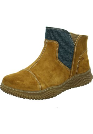 Braune Wildleder-Ankle Boots mit einem gerippten blauen Stoffeinsatz, kontrastierenden Nähten und einer strukturierten Gummisohle für zusätzlichen Halt.