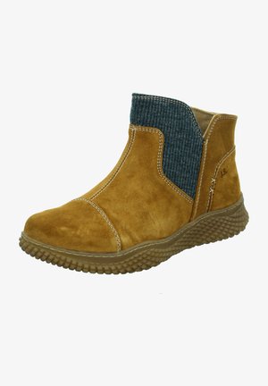 Brown suede ankle boot with a ribbed blue fabric panel, contrasting stitching, and a textured rubber sole for added grip.