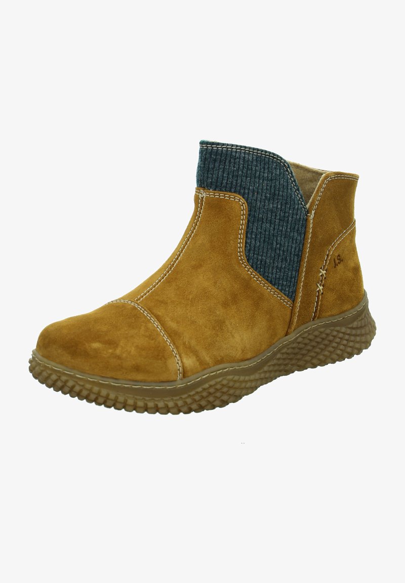 Brown suede ankle boot with a ribbed blue fabric panel, contrasting stitching, and a textured rubber sole for added grip.