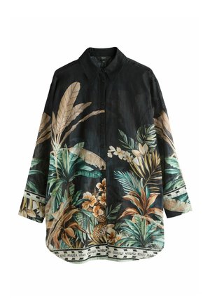 Cămașă neagră cu nasturi, cu modele tropicale florale și frunze în nuanțe de verde, maro și bej, prevăzută cu guler și mâneci lungi.