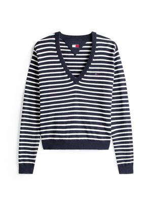 Sweater listrado em azul-marinho e branco, feito de material suave, com mangas longas e punhos e bainha canelados. Pequeno logotipo no peito.