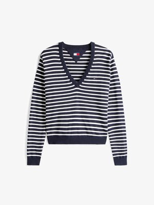Marineblå og hvitstripete V-hals genser, laget av mykt materiale, med lange ermer og ribbestrikkede mansjetter og nederkant. Lite logo på brystet.