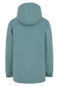 Veste à capuche bleu clair avec des poignets élastiques et une texture lisse. Présente un design simple et une couture dans le dos.