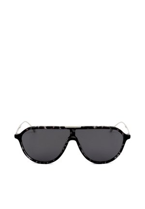 Occhiali da sole aviator eleganti tartarugati neri con lenti scure e sottili aste in metallo argentato, mostrati su sfondo bianco.