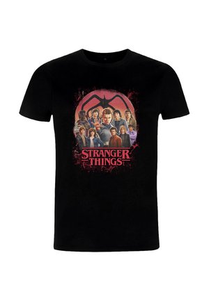 Zwart katoenen T-shirt met een grote grafische afdruk van personages uit "Stranger Things" met tekst in het rood, omringd door een designelement.