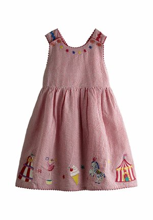 Ružové a biele pruhované šaty pre batoľa s vyšívanými cirkusovými motívmi vrátane stanu, zmrzliny, zebry a vystupujúceho umelca.