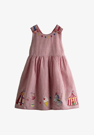Ružové a biele pruhované šaty pre batoľa s vyšívanými cirkusovými motívmi vrátane stanu, zmrzliny, zebry a vystupujúceho umelca.