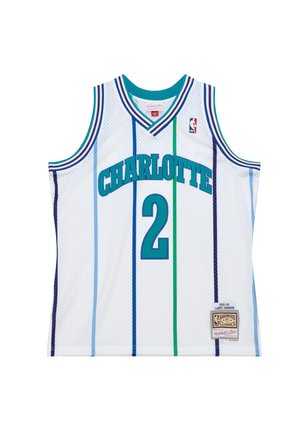 Maglia da basket bianca dei Charlotte Hornets con numero 2 turchese, strisce verticali turchese e viola e logo NBA sul petto.