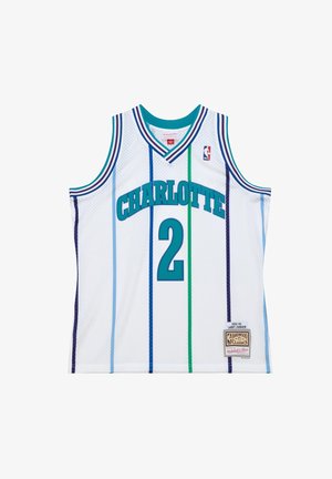 Maillot de basket blanc des Charlotte Hornets avec le numéro 2 turquoise, des rayures verticales turquoise et violettes, et le logo NBA sur la poitrine.