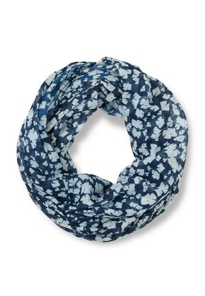 Navyblauwe infinity sjaal met een wit bloemig bladpatroon, lichtgewicht en zacht samengebracht in een cirkelvorm op een witte achtergrond.