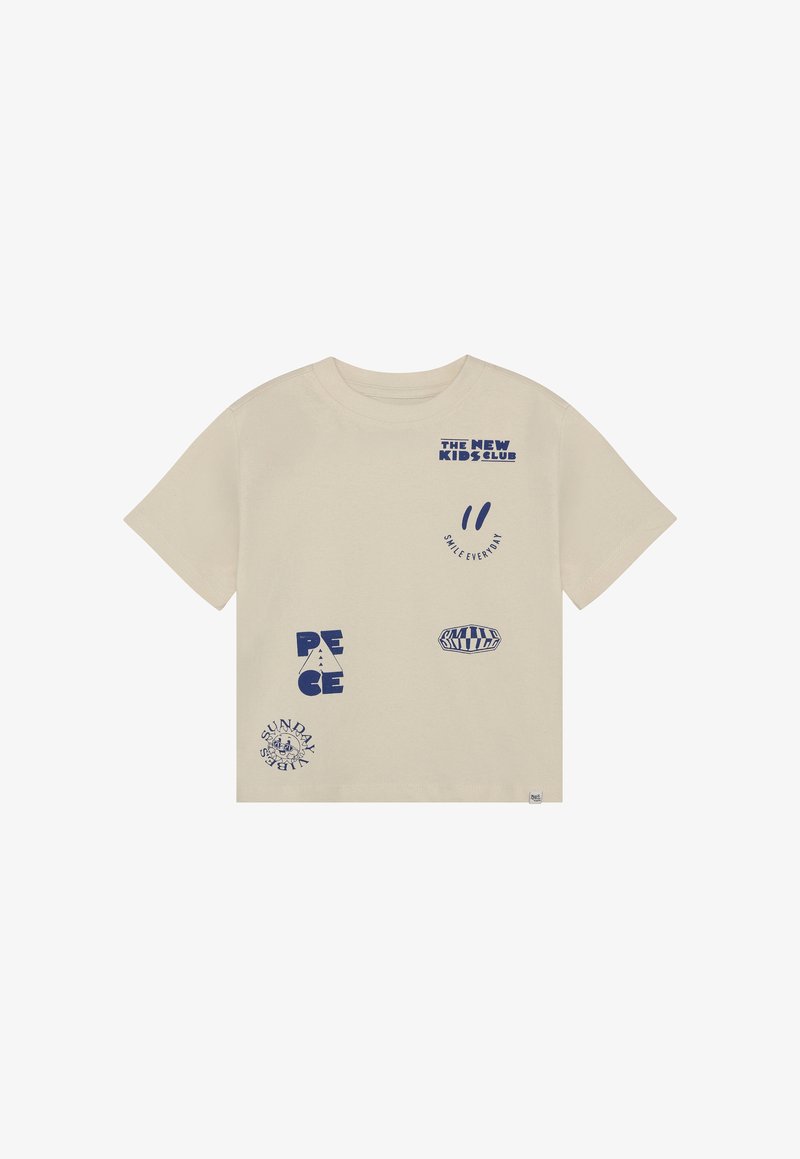 Beige cotton T-shirt with short sleeves. Features five blue graphic prints, including text and designs, in various styles and sizes.