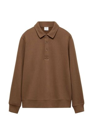 Brązowa, długorękawowa koszulka polo wykonana z miękkiej tkaniny, z kołnierzykiem, trzema guzikami z przodu oraz ściągaczami przy mankietach i u dołu.