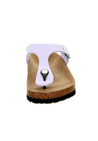 Light purple thong sandal with a cork footbed, black rubber sole, and adjustable buckle. Features a decorative black accent on the front.