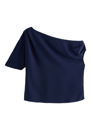 Navy blue, one-shoulder top with short sleeve, made of smooth fabric. Features a draped neckline and relaxed fit. No patterns or accents.