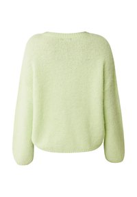 Světl green oversized svetr s měkkou pletenou texturou. Má zaoblený výstřih a spadená ramena. Zadní pohled bez vzorů nebo akcentů.