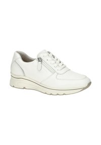 Baskets en cuir blanc avec lacets à l'avant et fermeture éclair latérale, semelle rembourrée et bout arrondi, présentées sur un fond blanc uni.