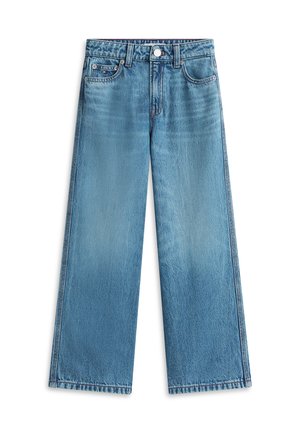 Világoskék farmer széles szárú nadrág magas derékkal, öt zsebbel, gombos lezárással és enyhe fakulással a szöveten.