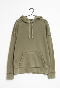 Felpa verde oliva con accenti a coste sulle spalle, cappuccio con cordino, tasca a marsupio e un tessuto morbido e testurizzato.