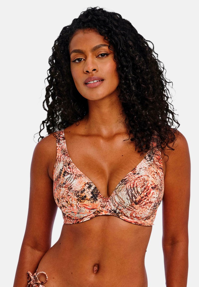 Underwire bikini top with a vibrant orange and brown animal print. It features wide straps and a textured surface for added detail.